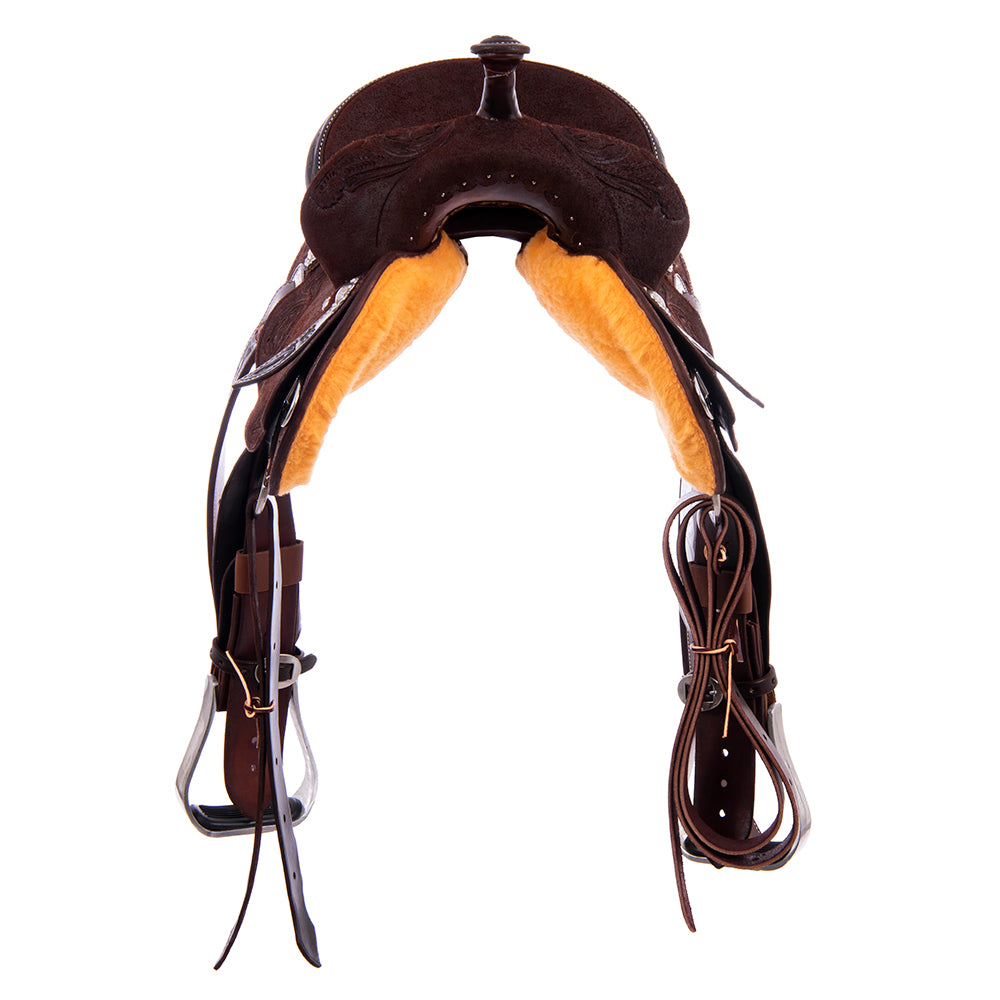 Chocolate Roughout Barrel Saddle- Round Skirts, Burns Flower Floral Corner, Cheyenne