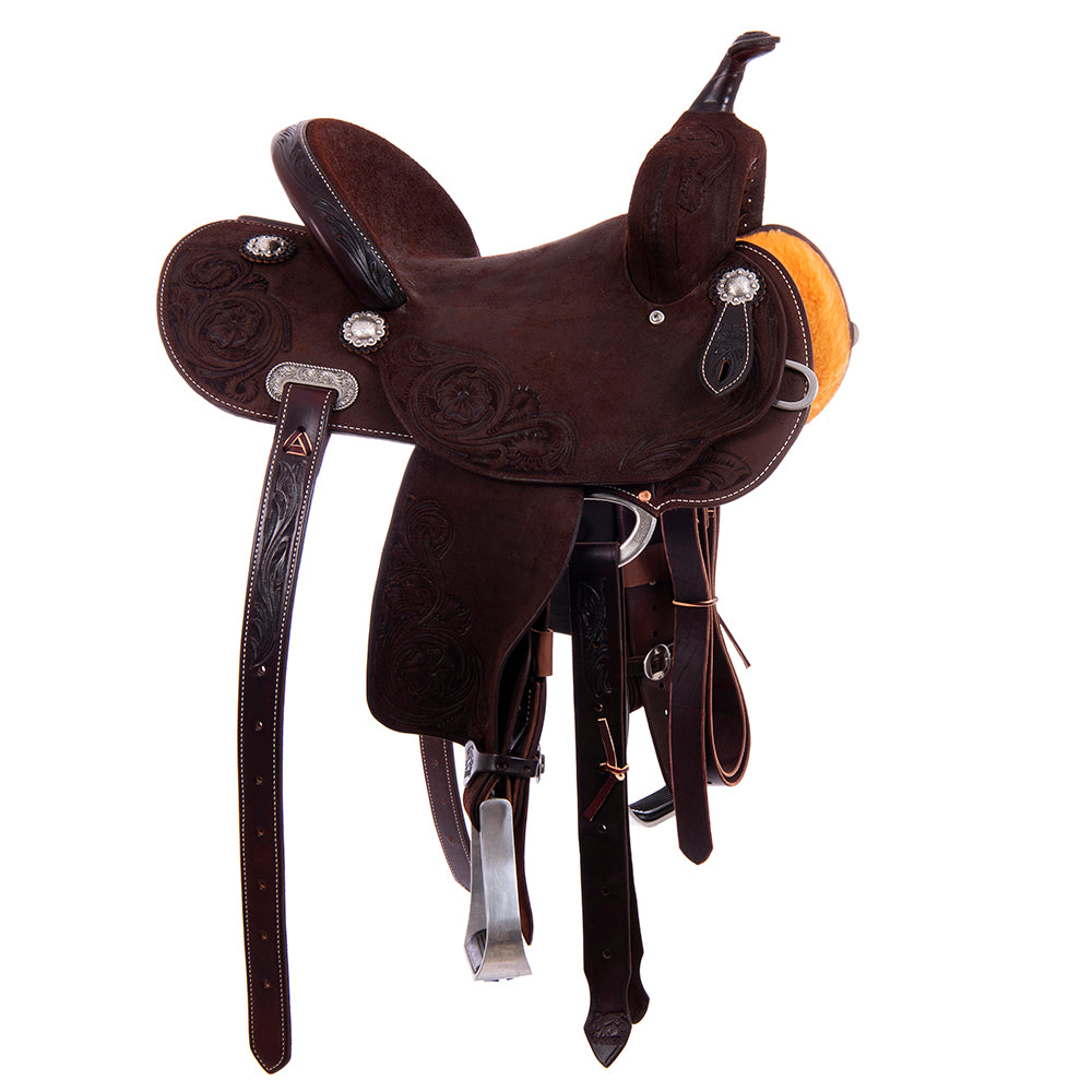 Chocolate Roughout Barrel Saddle- Round Skirts, Burns Flower Floral Corner, Cheyenne