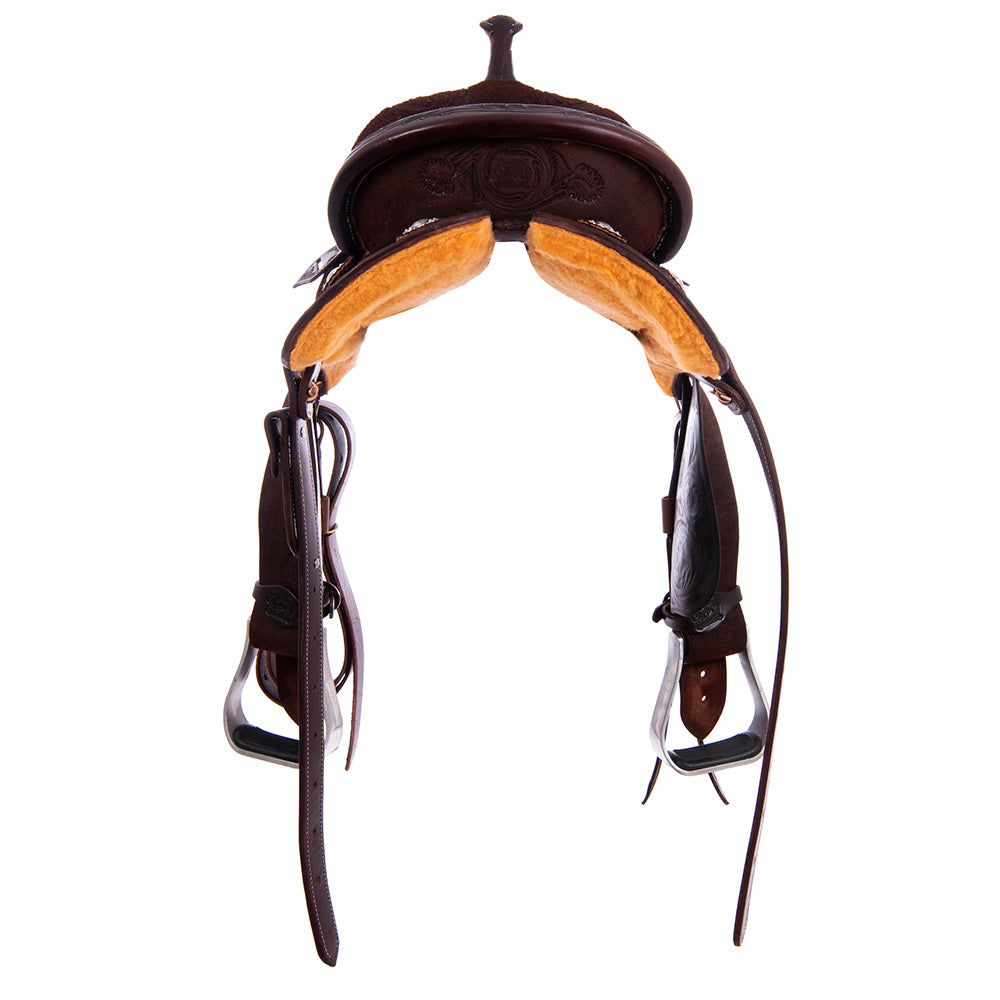 Chocolate Roughout Barrel Saddle- Round Skirts, Burns Flower Floral Corner, Cheyenne