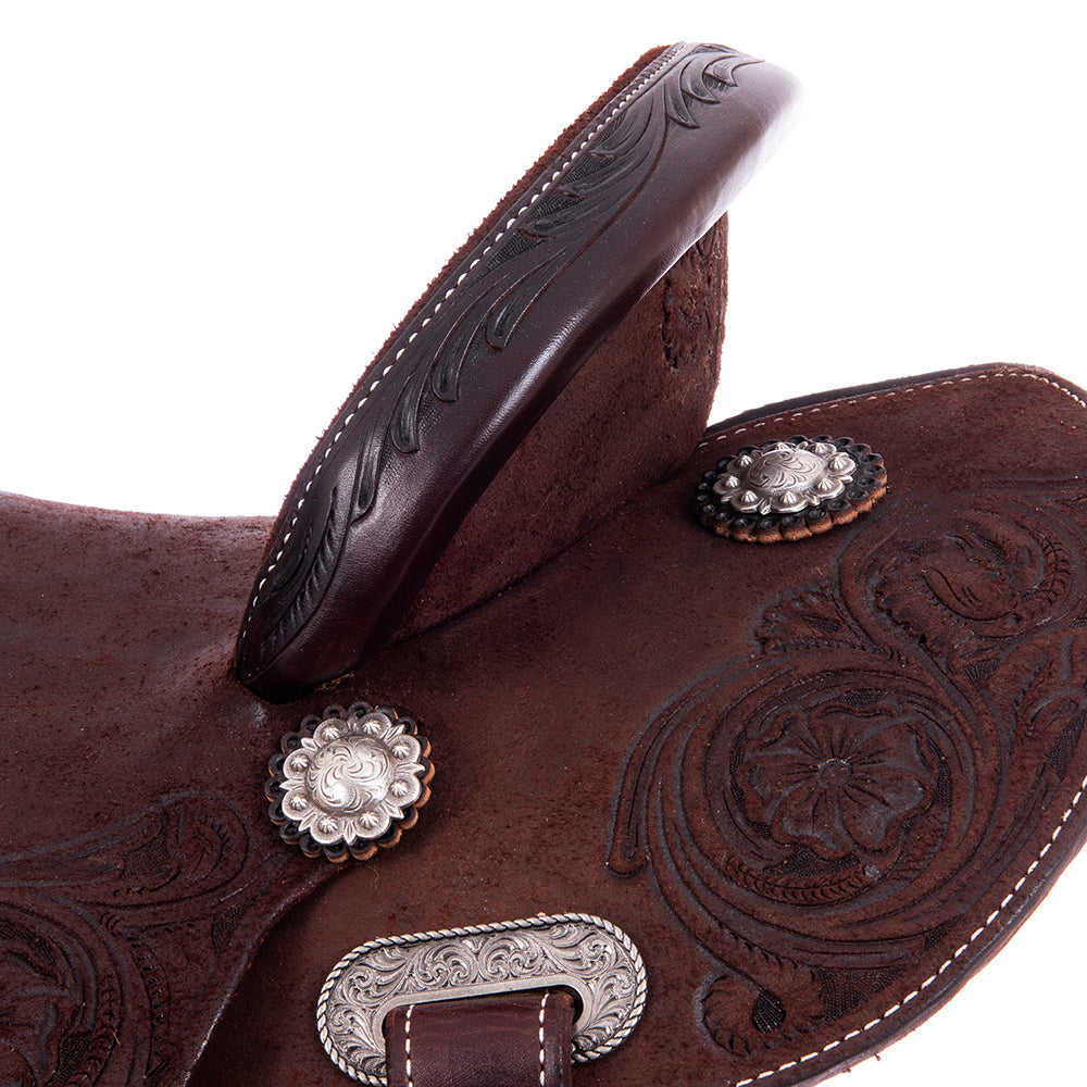 Chocolate Roughout Barrel Saddle- Round Skirts, Burns Flower Floral Corner, Cheyenne
