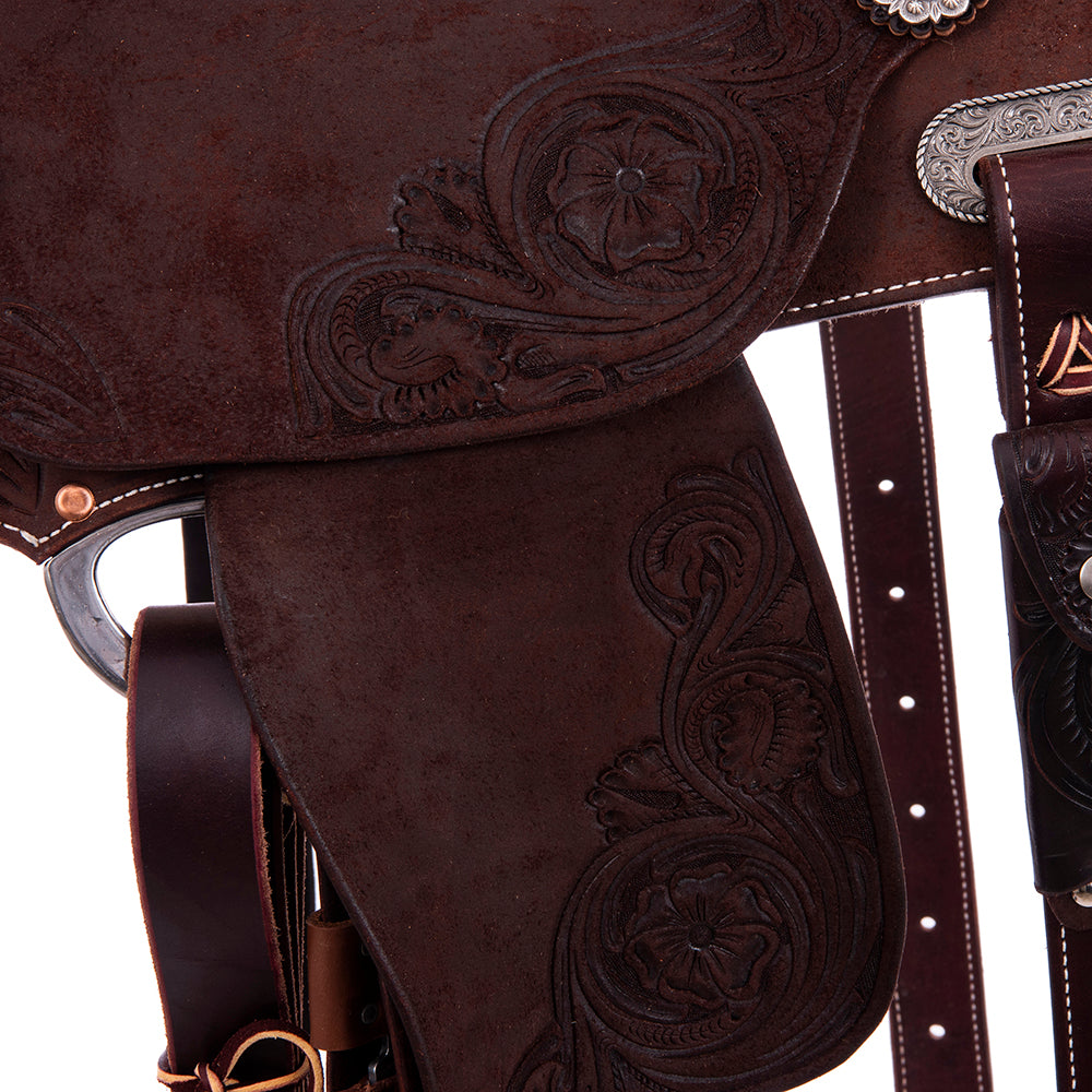 Chocolate Roughout Barrel Saddle- Round Skirts, Burns Flower Floral Corner, Cheyenne
