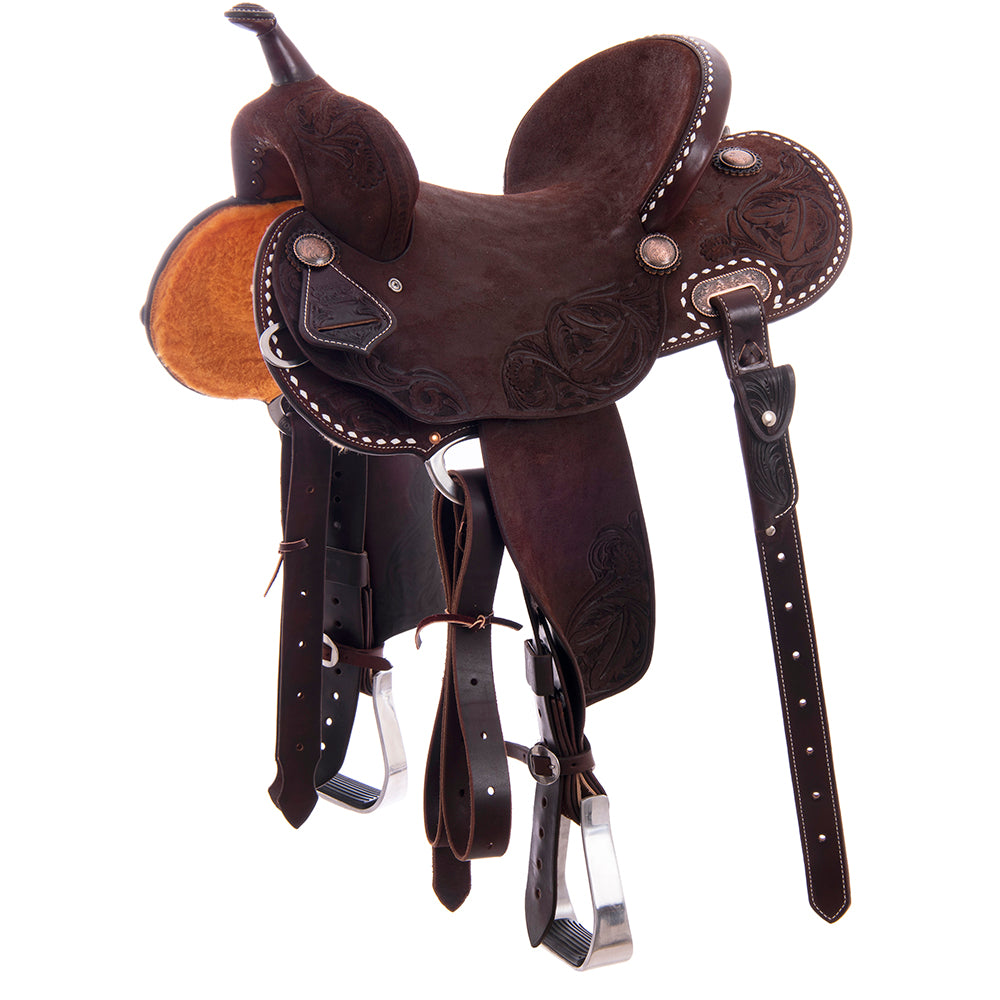 Burns Chocolate RO Barrel Saddle - Round - White Buckstitch Skirt & Cantle Binding w/ Feather Floral