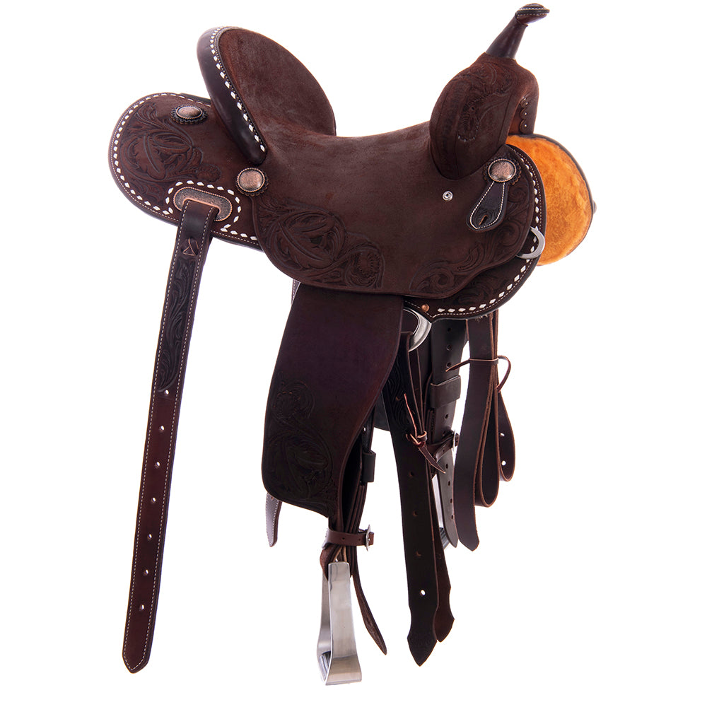 Burns Chocolate RO Barrel Saddle - Round - White Buckstitch Skirt & Cantle Binding w/ Feather Floral