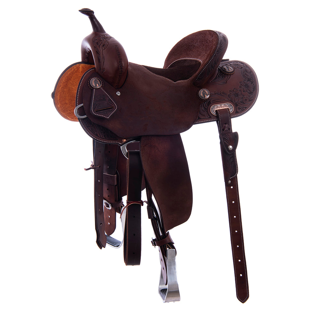 Barrel Saddle – Chocolate Leather, Smooth/Roughout, Round Skirt, 1/2 Sunflower Floral Border Tooling, Chocolate Suede Inlay