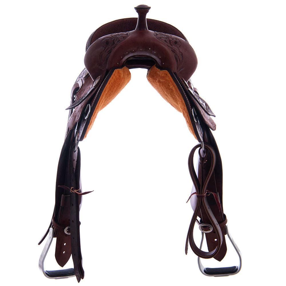 Barrel Saddle – Chocolate Leather, Smooth/Roughout, Round Skirt, 1/2 Sunflower Floral Border Tooling, Chocolate Suede Inlay