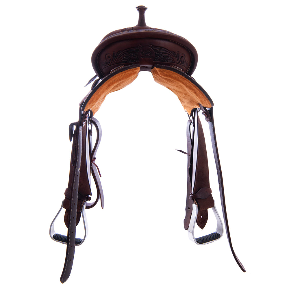 Barrel Saddle – Chocolate Leather, Smooth/Roughout, Round Skirt, 1/2 Sunflower Floral Border Tooling, Chocolate Suede Inlay