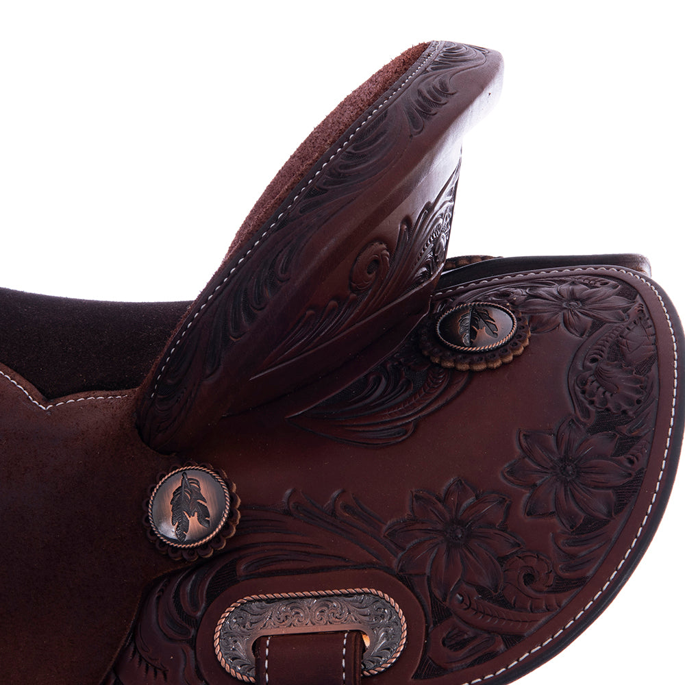 Barrel Saddle – Chocolate Leather, Smooth/Roughout, Round Skirt, 1/2 Sunflower Floral Border Tooling, Chocolate Suede Inlay