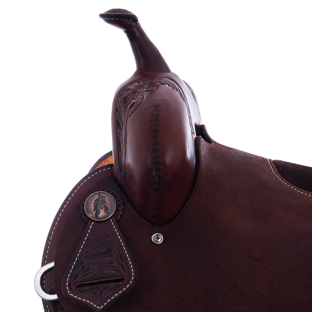 Barrel Saddle – Chocolate Leather, Smooth/Roughout, Round Skirt, 1/2 Sunflower Floral Border Tooling, Chocolate Suede Inlay