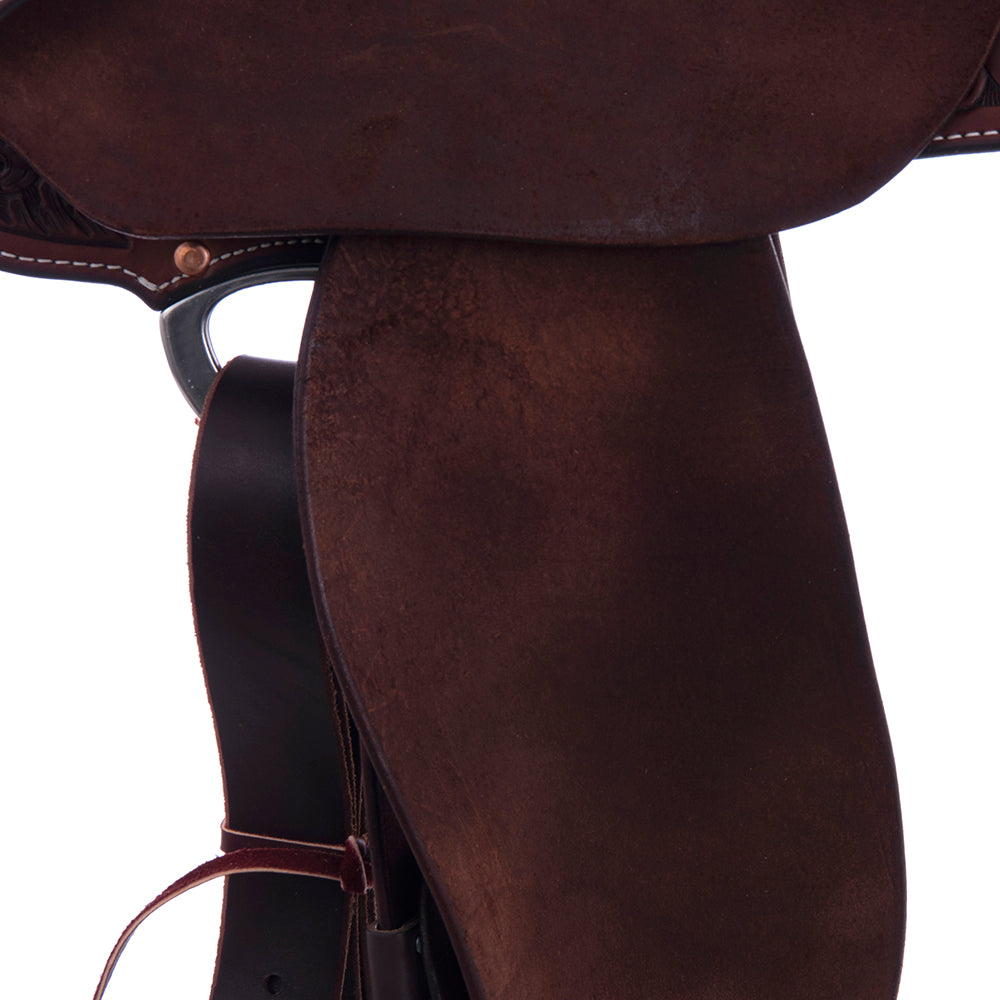 Barrel Saddle – Chocolate Leather, Smooth/Roughout, Round Skirt, 1/2 Sunflower Floral Border Tooling, Chocolate Suede Inlay