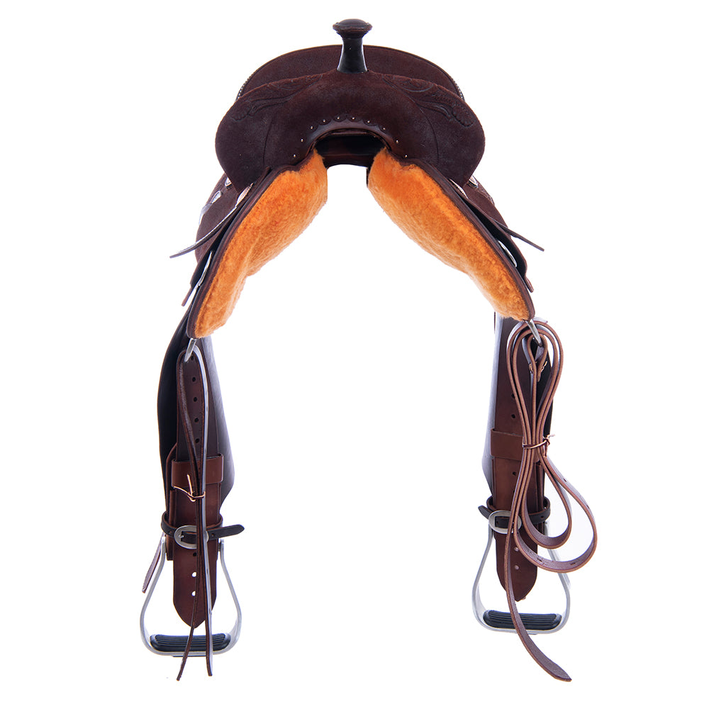 Chocolate Roughout Barrel Saddle - Notched Skirts, 1/2 D. Daisy Floral Corner, Cheyenne, Hard Seat