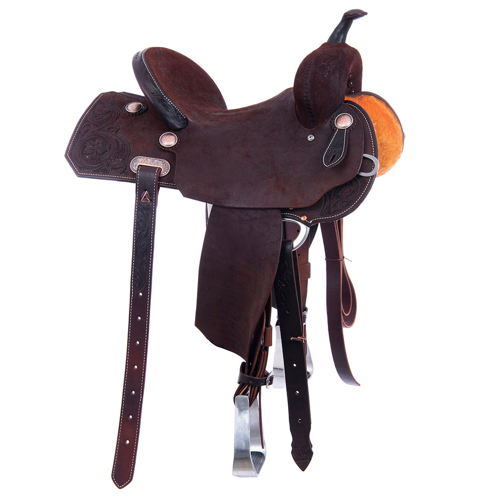 Chocolate Roughout Barrel Saddle - Notched Skirts, 1/2 D. Daisy Floral Corner, Cheyenne, Hard Seat