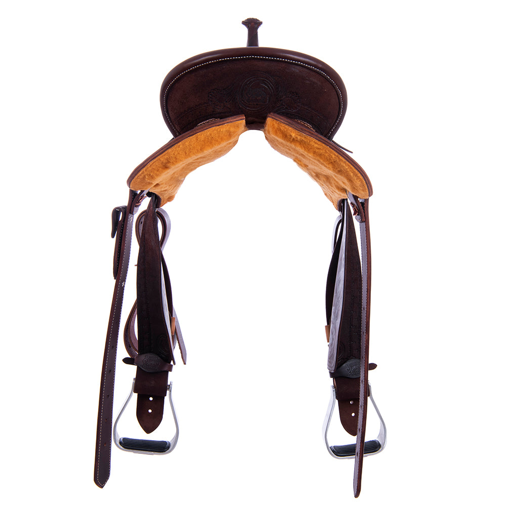 Chocolate Roughout Barrel Saddle - Round Skirts, Sunny D Deluxe Rope Border, Pencil Roll