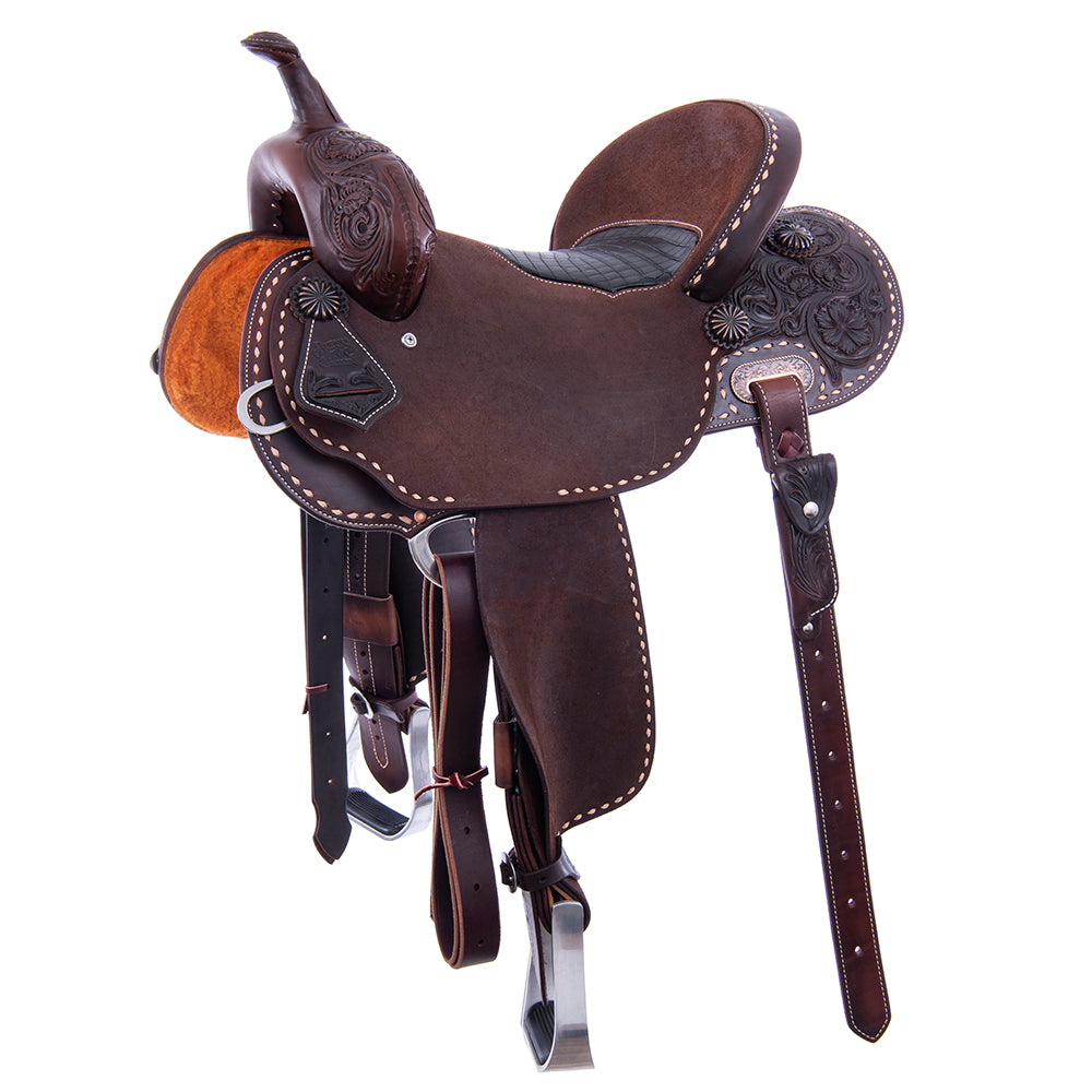 Barrel Saddle - 1/2 Smooth 1/2 Chocolate Roughout, Round, 1/2 Wyo Floral, Natural Buckstitch, Black Alligator Inlay