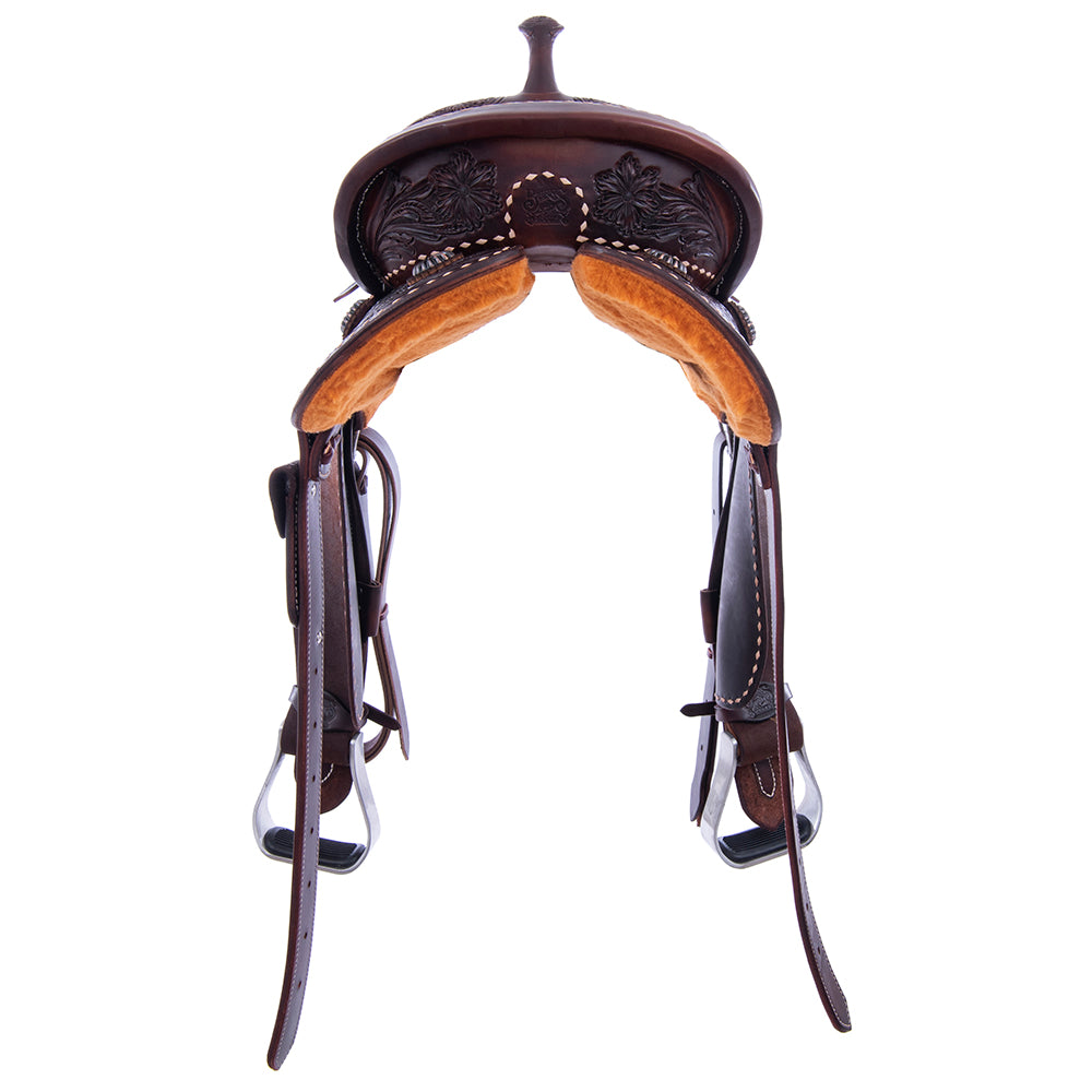 Barrel Saddle - 1/2 Smooth 1/2 Chocolate Roughout, Round, 1/2 Wyo Floral, Natural Buckstitch, Black Alligator Inlay