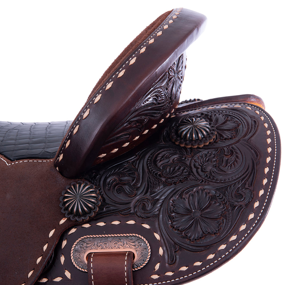 Barrel Saddle - 1/2 Smooth 1/2 Chocolate Roughout, Round, 1/2 Wyo Floral, Natural Buckstitch, Black Alligator Inlay
