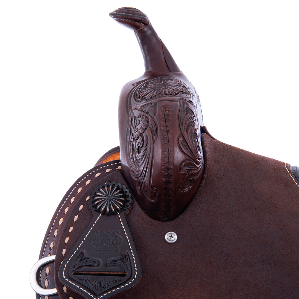 Barrel Saddle - 1/2 Smooth 1/2 Chocolate Roughout, Round, 1/2 Wyo Floral, Natural Buckstitch, Black Alligator Inlay