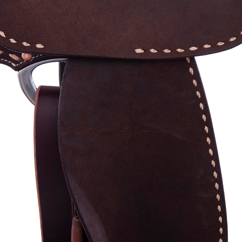 Barrel Saddle - 1/2 Smooth 1/2 Chocolate Roughout, Round, 1/2 Wyo Floral, Natural Buckstitch, Black Alligator Inlay