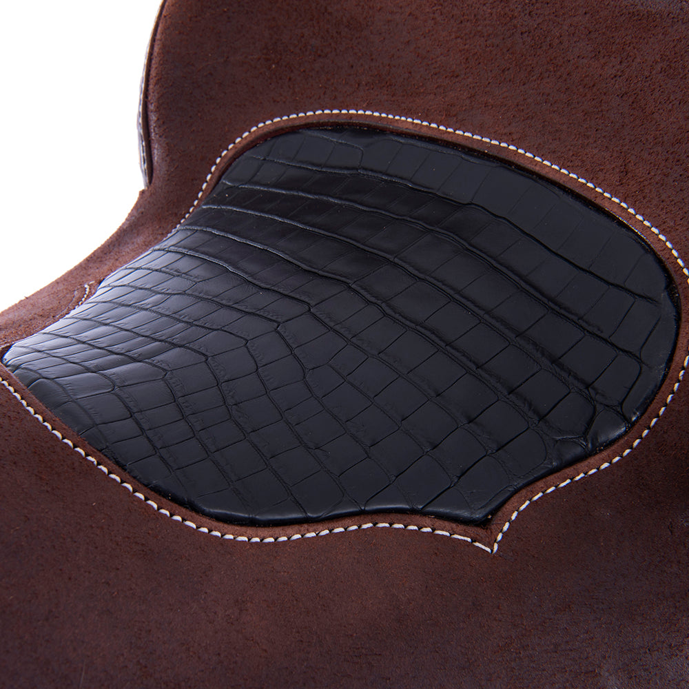 Barrel Saddle - 1/2 Smooth 1/2 Chocolate Roughout, Round, 1/2 Wyo Floral, Natural Buckstitch, Black Alligator Inlay