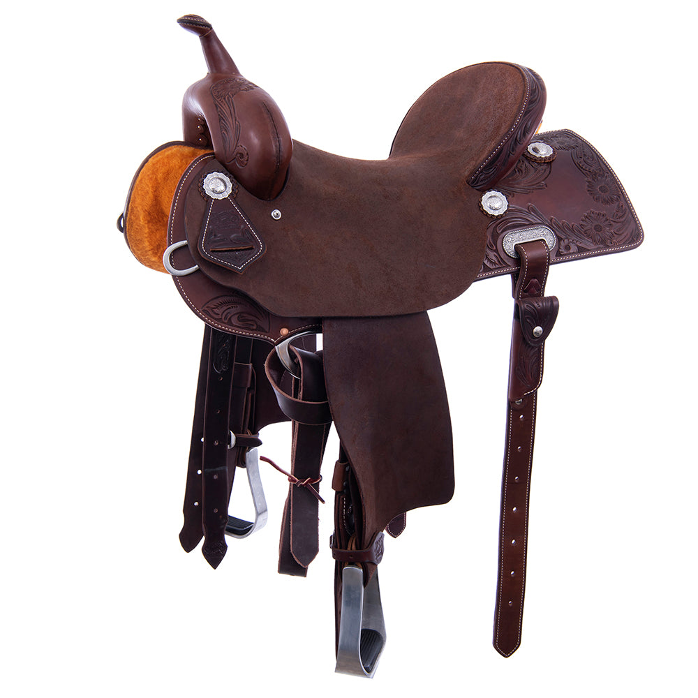 1/2 Smooth Chocolate 1/2 Chocolate Roughout Barrel Saddle - Semi Square 1/2 Sunny D Floral Border