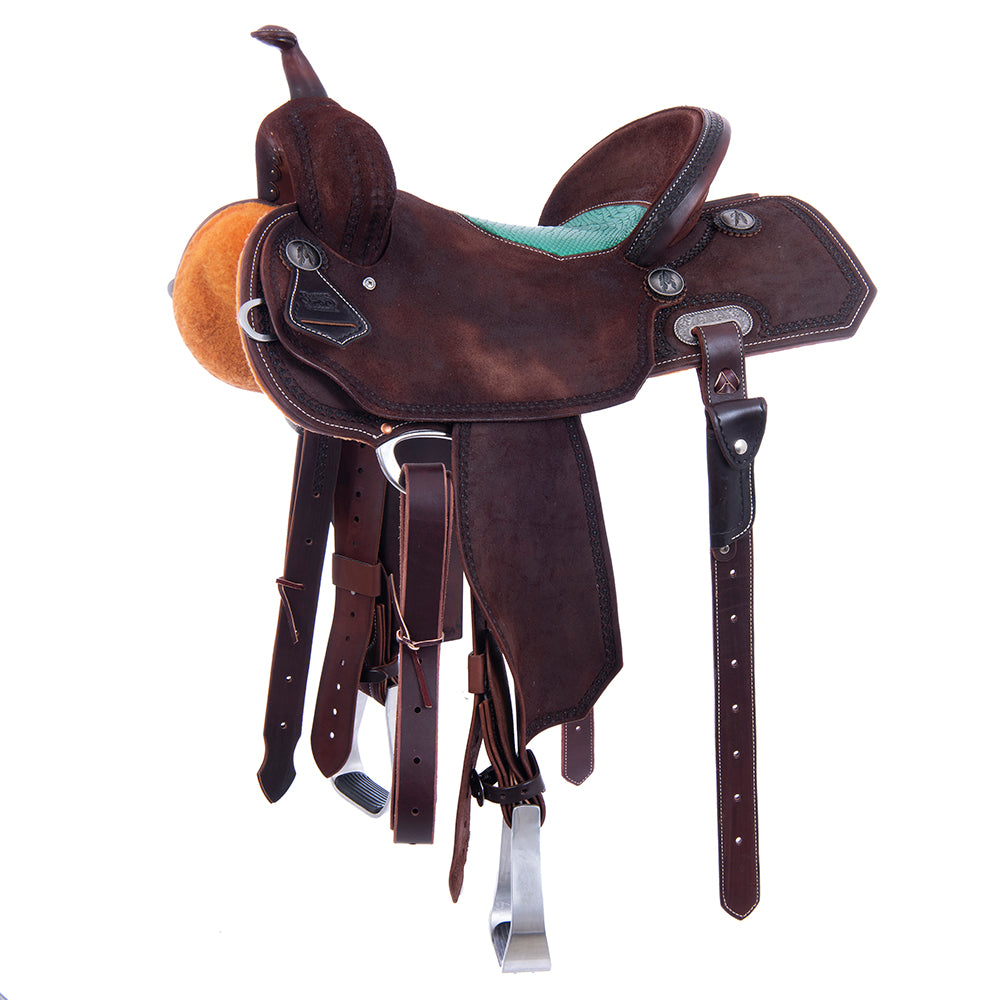 Barrel Saddle – Chocolate Roughout, Notched Skirt, Full Celtic Border, Teal Python Inlay
