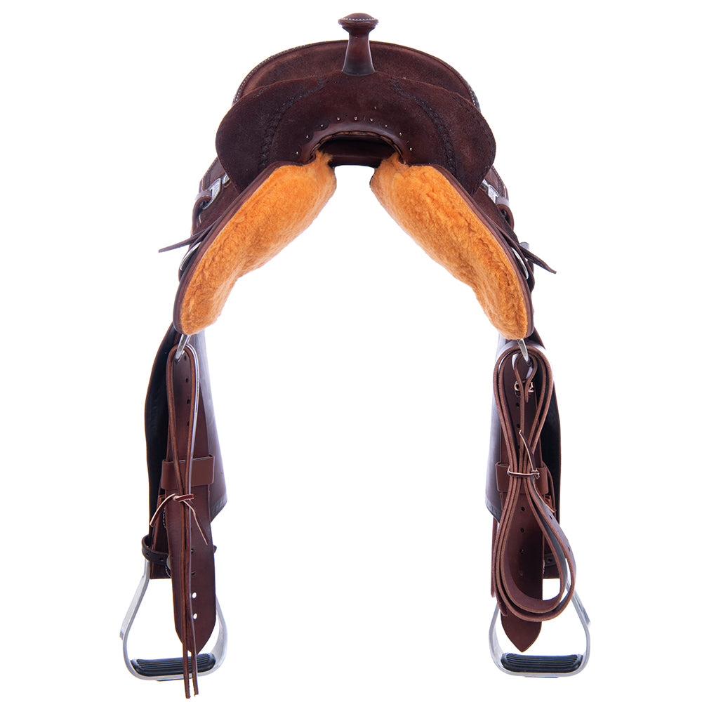 Barrel Saddle – Chocolate Roughout, Notched Skirt, Full Celtic Border, Teal Python Inlay