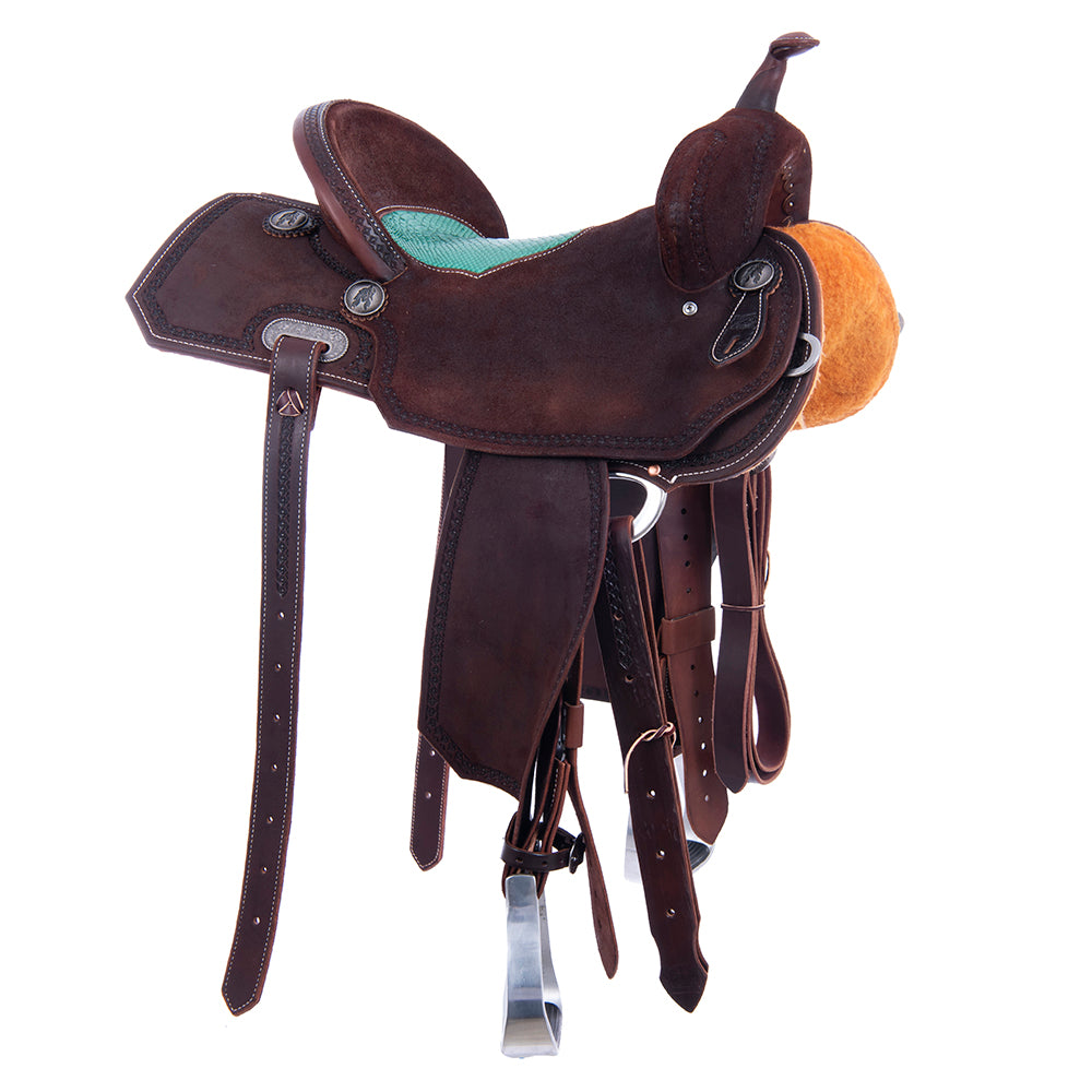 Barrel Saddle – Chocolate Roughout, Notched Skirt, Full Celtic Border, Teal Python Inlay
