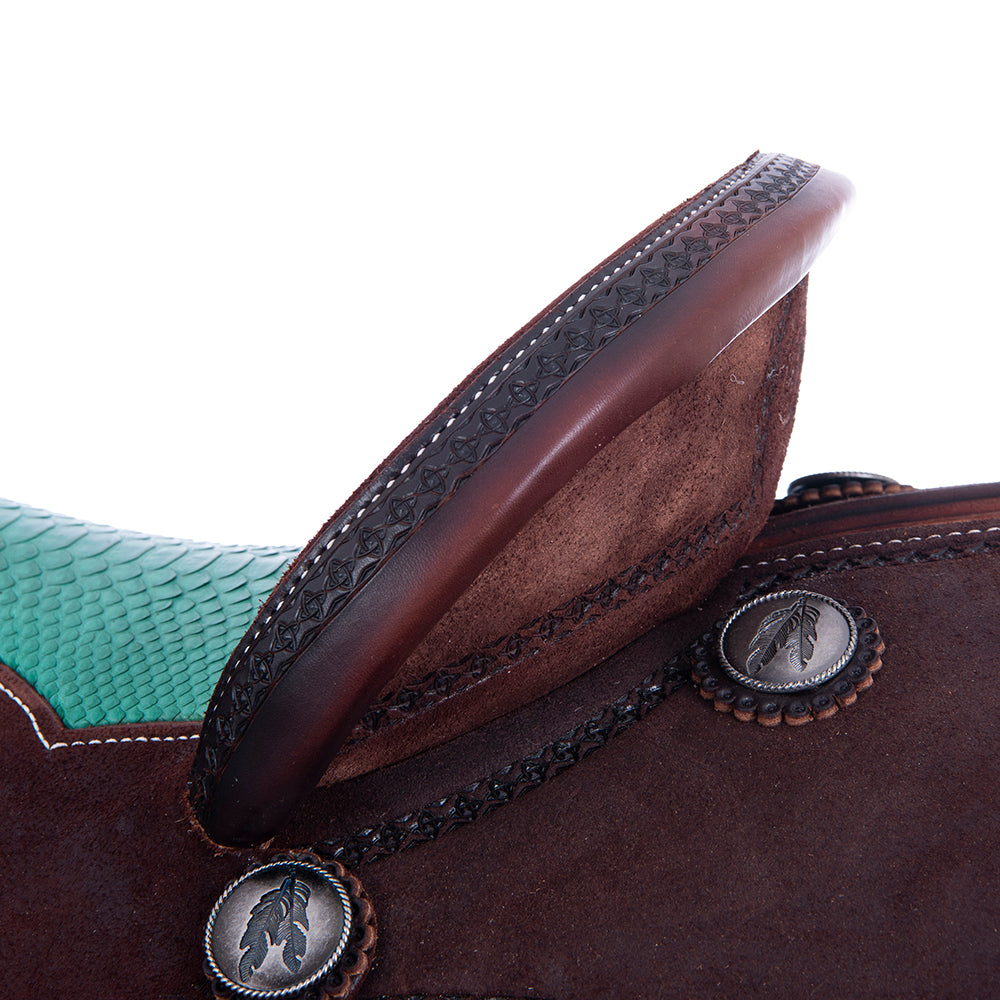 Barrel Saddle – Chocolate Roughout, Notched Skirt, Full Celtic Border, Teal Python Inlay