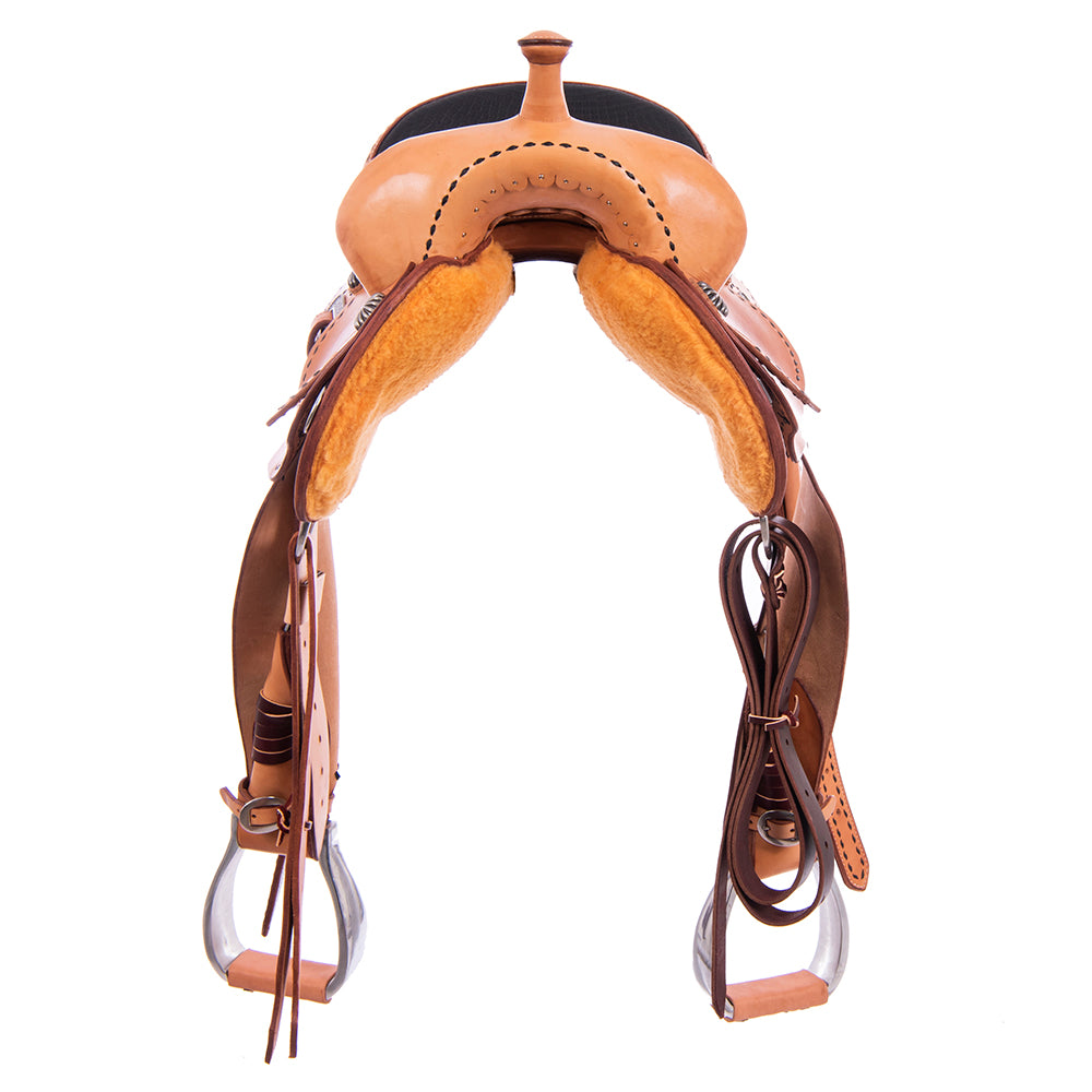 Russet SO Barrel Saddle- Round- Full BK BS- Cheyenne- Full Black Gator Padded Seat