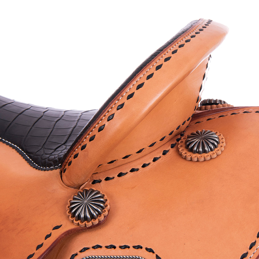 Russet SO Barrel Saddle- Round- Full BK BS- Cheyenne- Full Black Gator Padded Seat