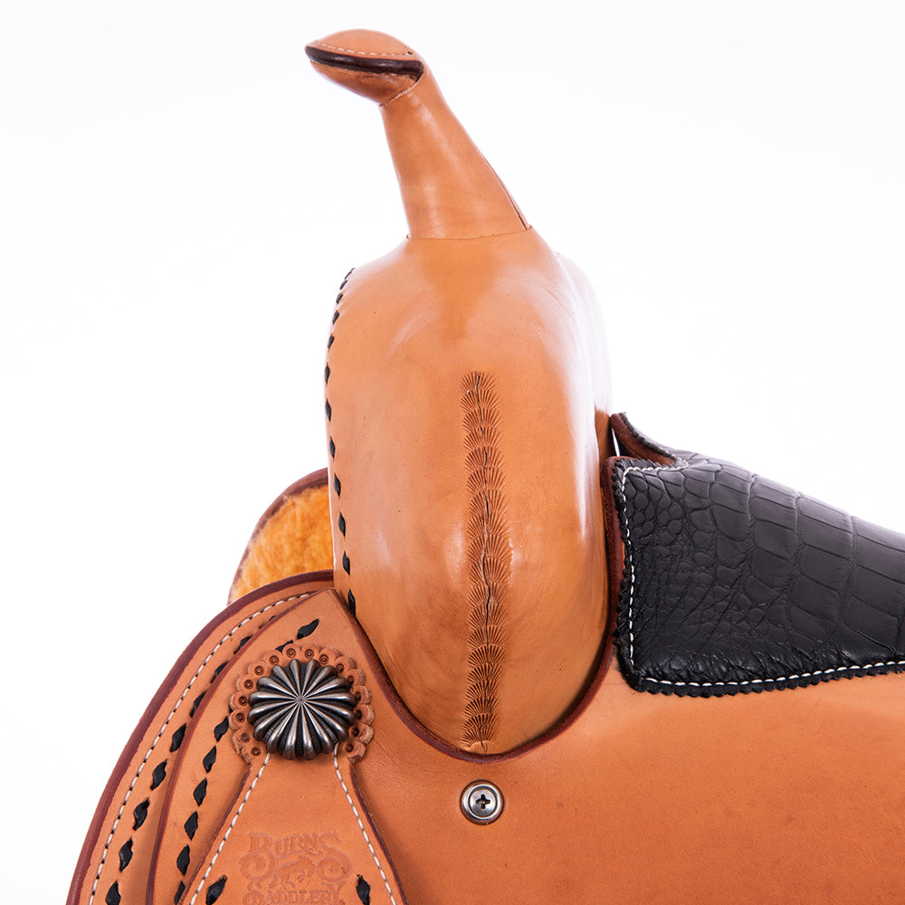 Russet SO Barrel Saddle- Round- Full BK BS- Cheyenne- Full Black Gator Padded Seat