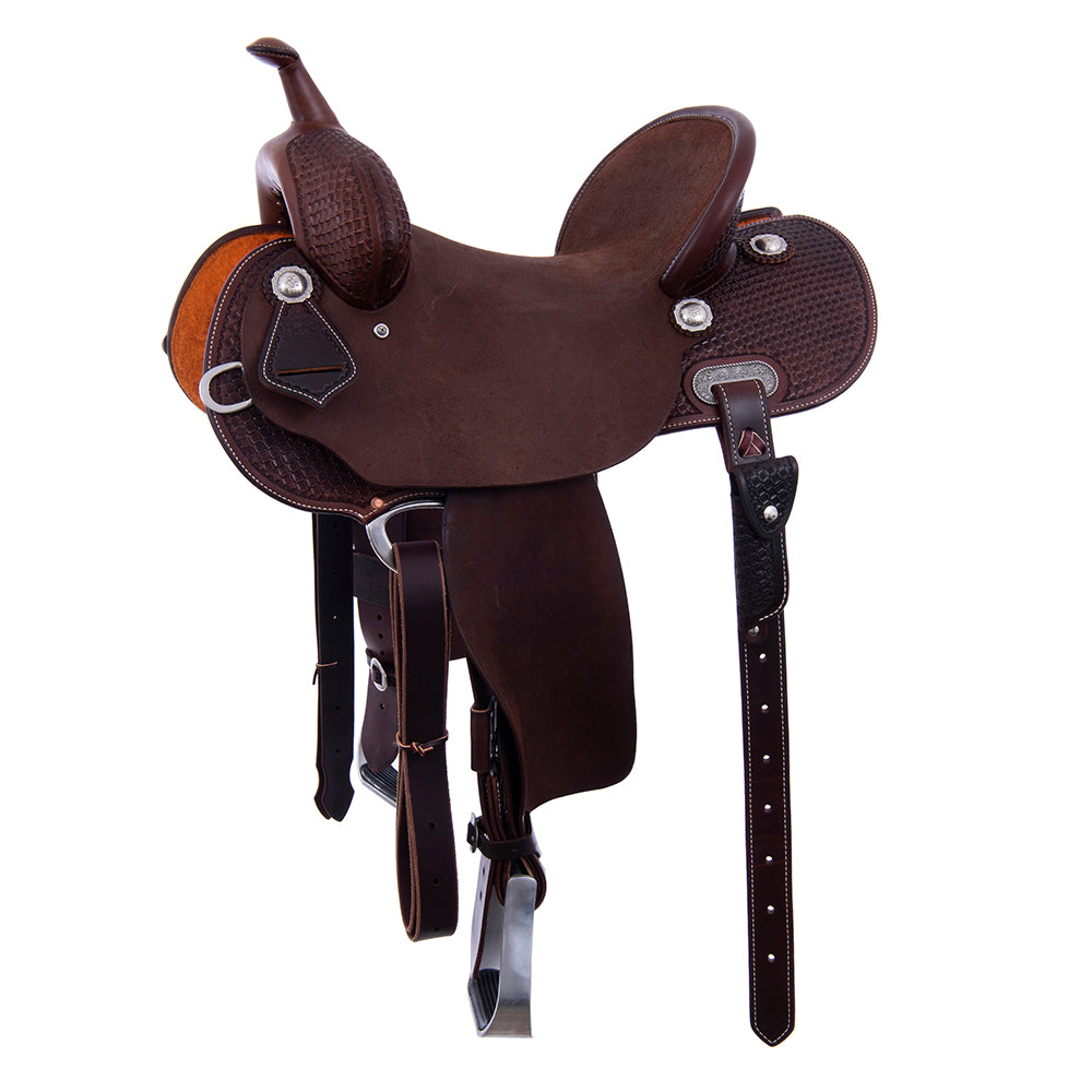 Barrel Saddle – Chocolate Leather, Smooth/Roughout, Round Skirt, 1/2 Waffle Tooling, Pencil Roll Cantle