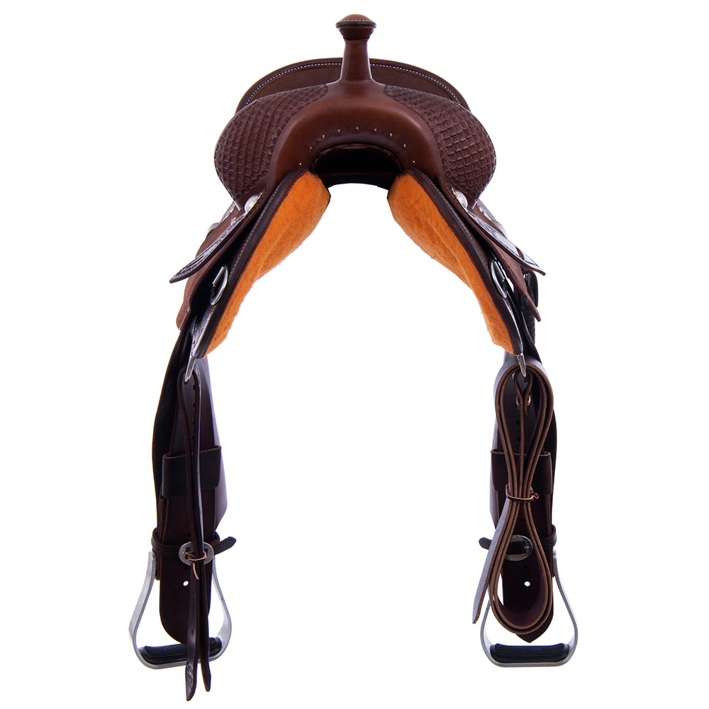 Barrel Saddle – Chocolate Leather, Smooth/Roughout, Round Skirt, 1/2 Waffle Tooling, Pencil Roll Cantle