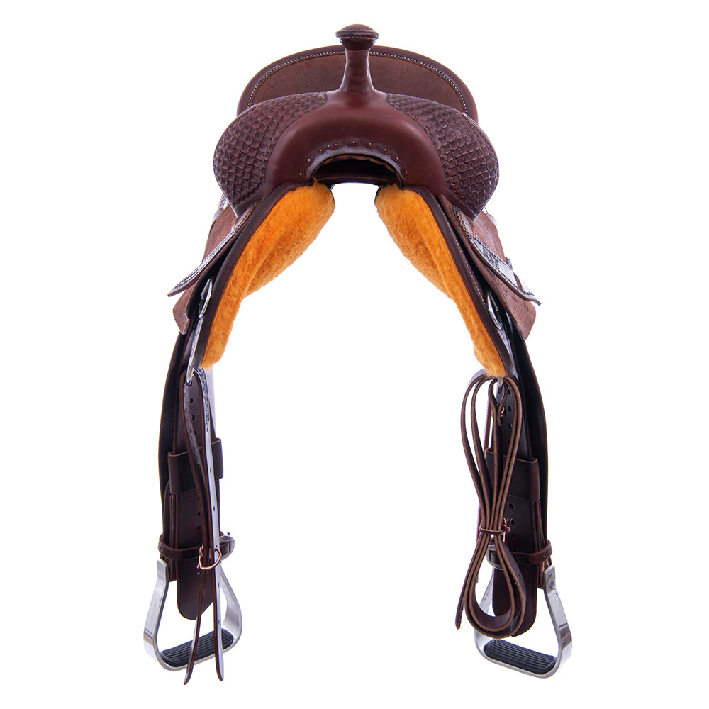 Barrel Saddle – Chocolate Leather, Smooth/Roughout, Round Skirt, 1/2 Waffle Tooling, Pencil Roll