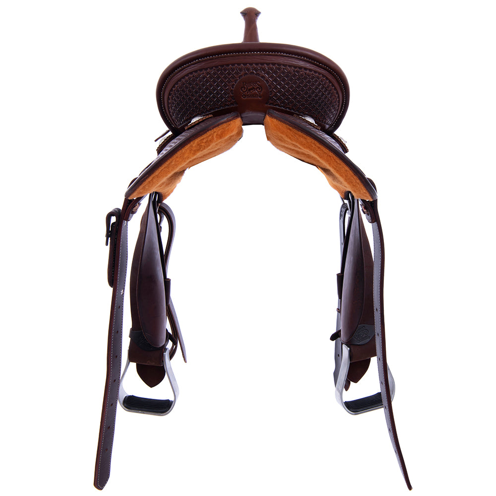 Barrel Saddle – Chocolate Leather, Smooth/Roughout, Round Skirt, 1/2 Waffle Tooling, Pencil Roll Cantle