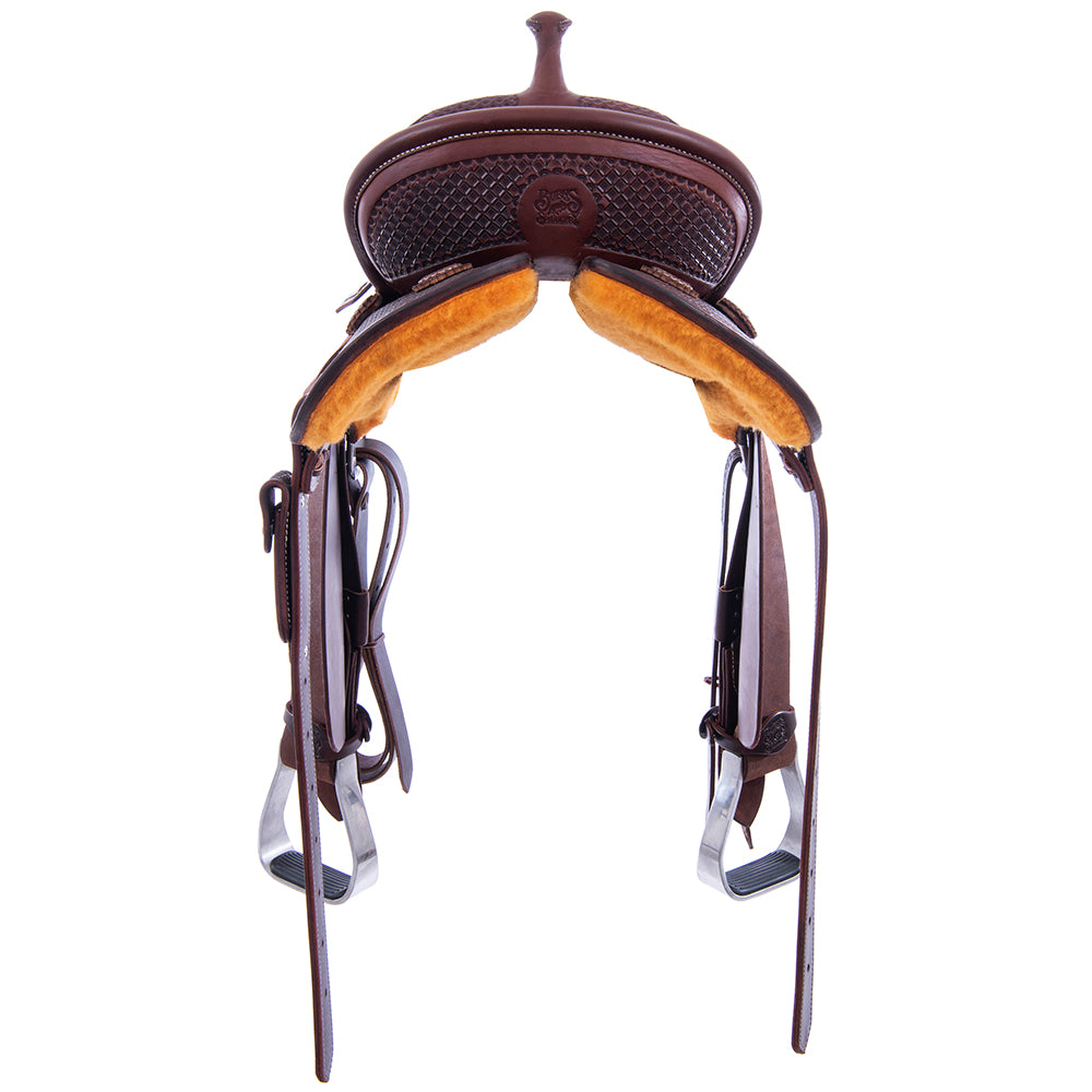 Barrel Saddle – Chocolate Leather, Smooth/Roughout, Round Skirt, 1/2 Waffle Tooling, Pencil Roll