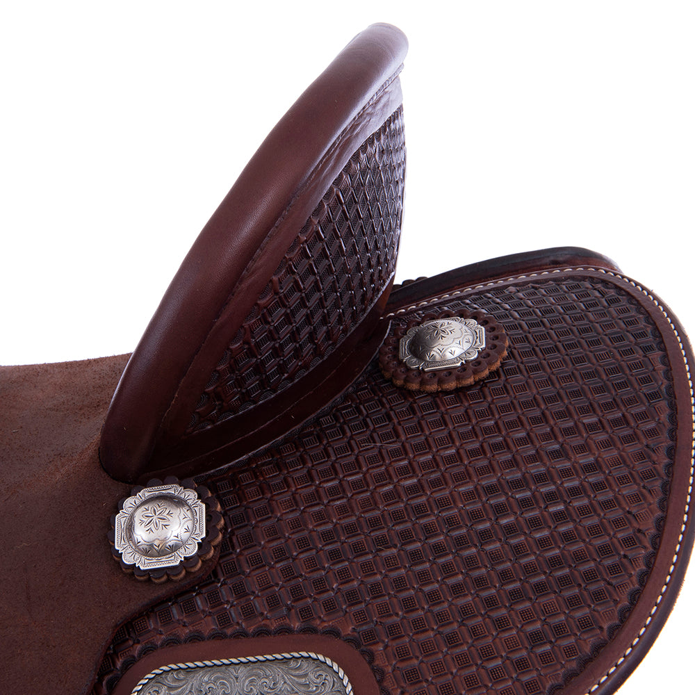 Barrel Saddle – Chocolate Leather, Smooth/Roughout, Round Skirt, 1/2 Waffle Tooling, Pencil Roll Cantle
