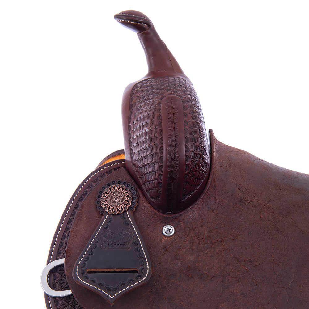 Barrel Saddle – Chocolate Leather, Smooth/Roughout, Round Skirt, 1/2 Waffle Tooling, Pencil Roll Cantle