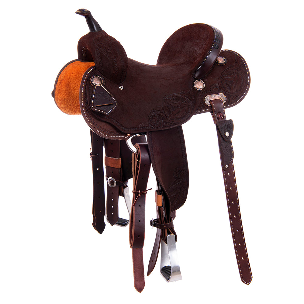 Barrel Saddle – Chocolate Roughout, Round Skirt, Full Simple Wishbone Border with Feather & Floral Corner Tooling