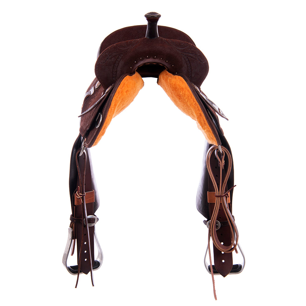 Barrel Saddle – Chocolate Roughout, Round Skirt, Full Simple Wishbone Border with Feather & Floral Corner Tooling