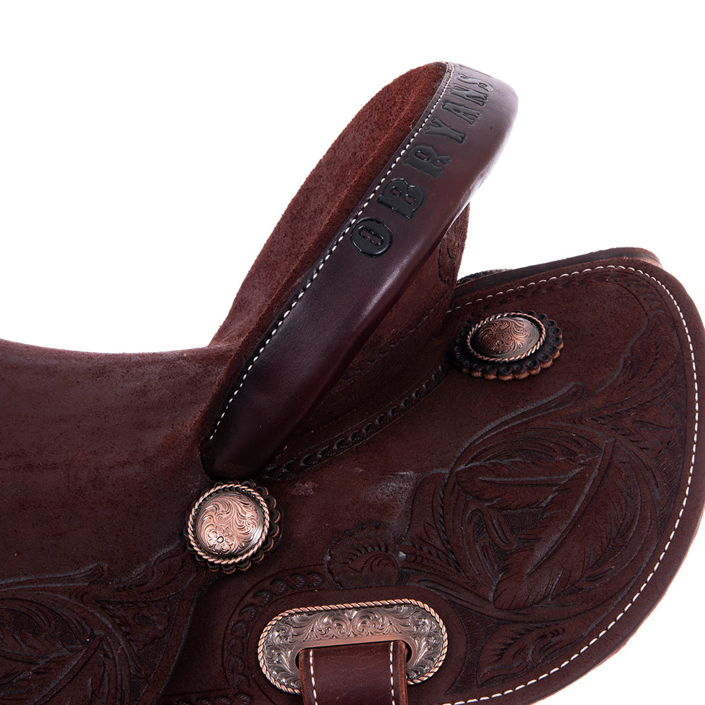 Barrel Saddle – Chocolate Roughout, Round Skirt, Full Simple Wishbone Border with Feather & Floral Corner Tooling