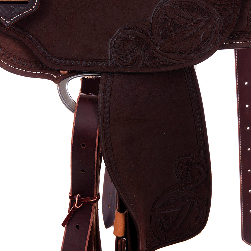 Barrel Saddle – Chocolate Roughout, Round Skirt, Full Simple Wishbone Border with Feather & Floral Corner Tooling