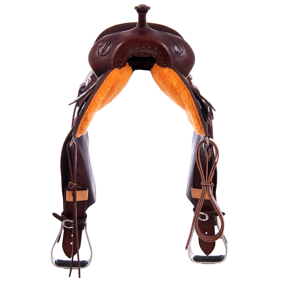 1/2 Smooth 1/2 Roughout Chocolate Barrel Saddle - Round Skirts, Large Feather Corner, Cheyenne, Hard Seat