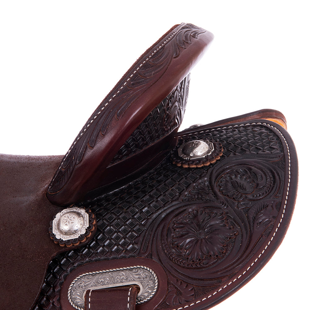 Burns Chocolate SO/RO Barrel Saddle - Round - 1/2 Waffle WYO Floral