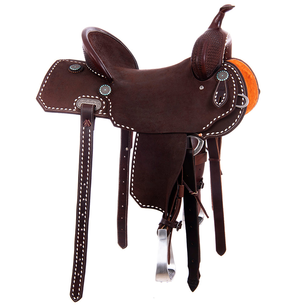 Chocolate SO/RO Barrel Saddle - Notched - Full White Buckstitch 1/8 Axe Tooled - Standard Binding