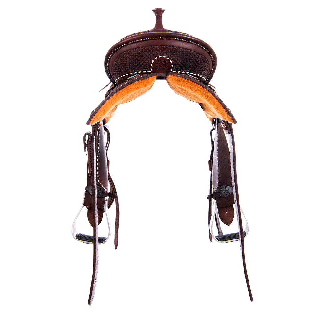 Chocolate SO/RO Barrel Saddle - Notched - Full White Buckstitch 1/8 Axe Tooled - Standard Binding