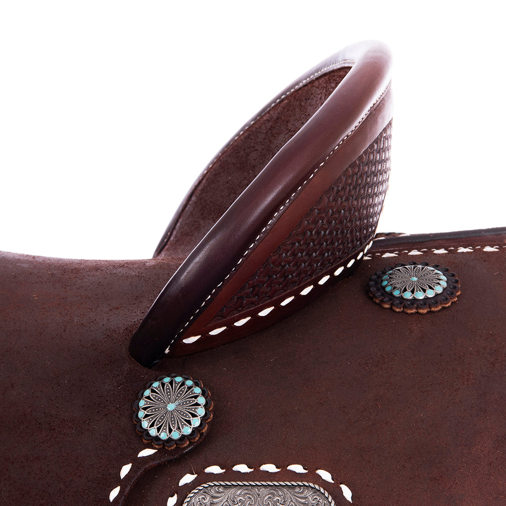Chocolate SO/RO Barrel Saddle - Notched - Full White Buckstitch 1/8 Axe Tooled - Standard Binding