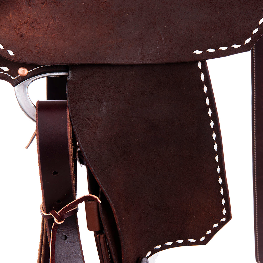 Chocolate SO/RO Barrel Saddle - Notched - Full White Buckstitch 1/8 Axe Tooled - Standard Binding