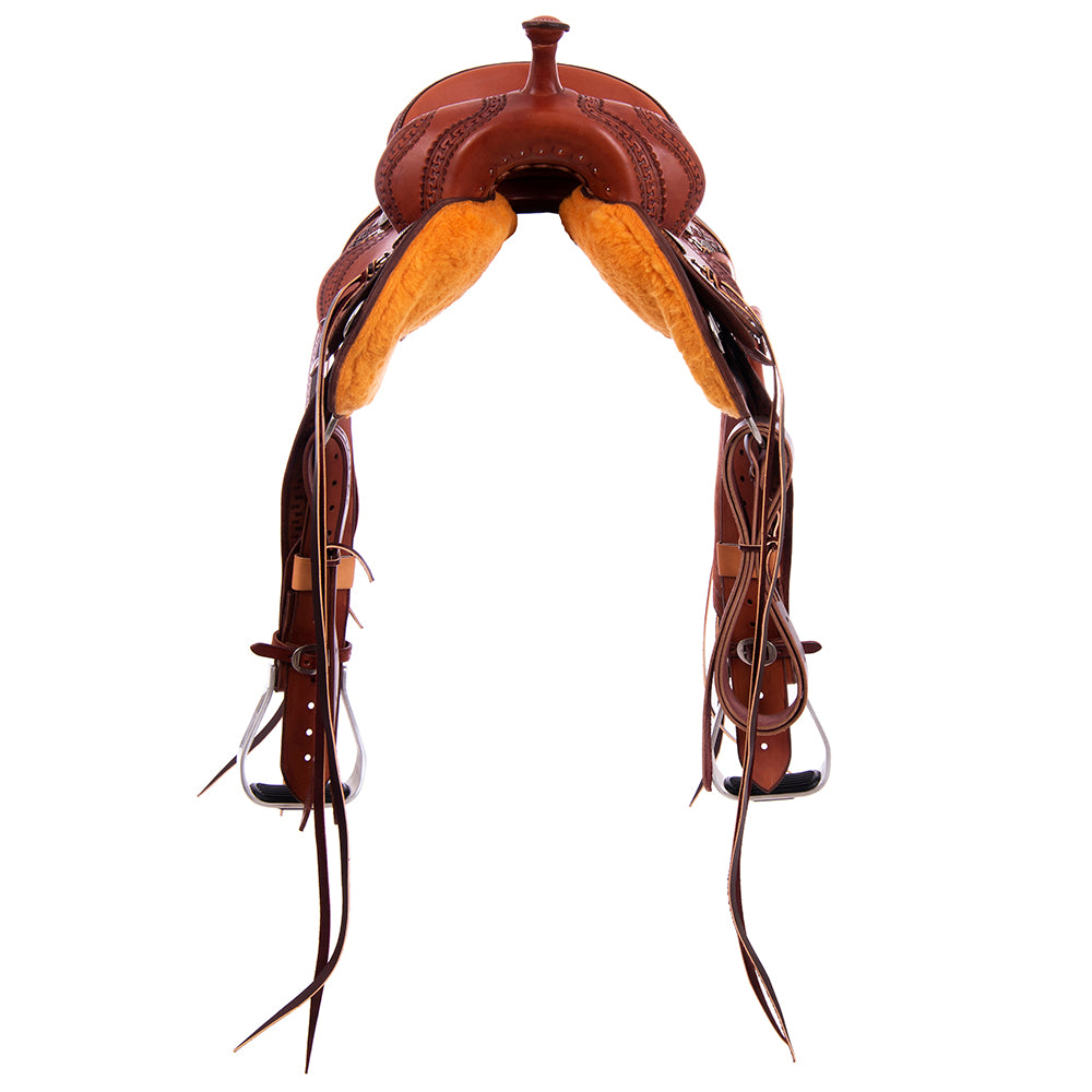 Burns Chestnut SO Barrel Saddle - Round - Fancy San Carlos Border - Black Elephant Inlay