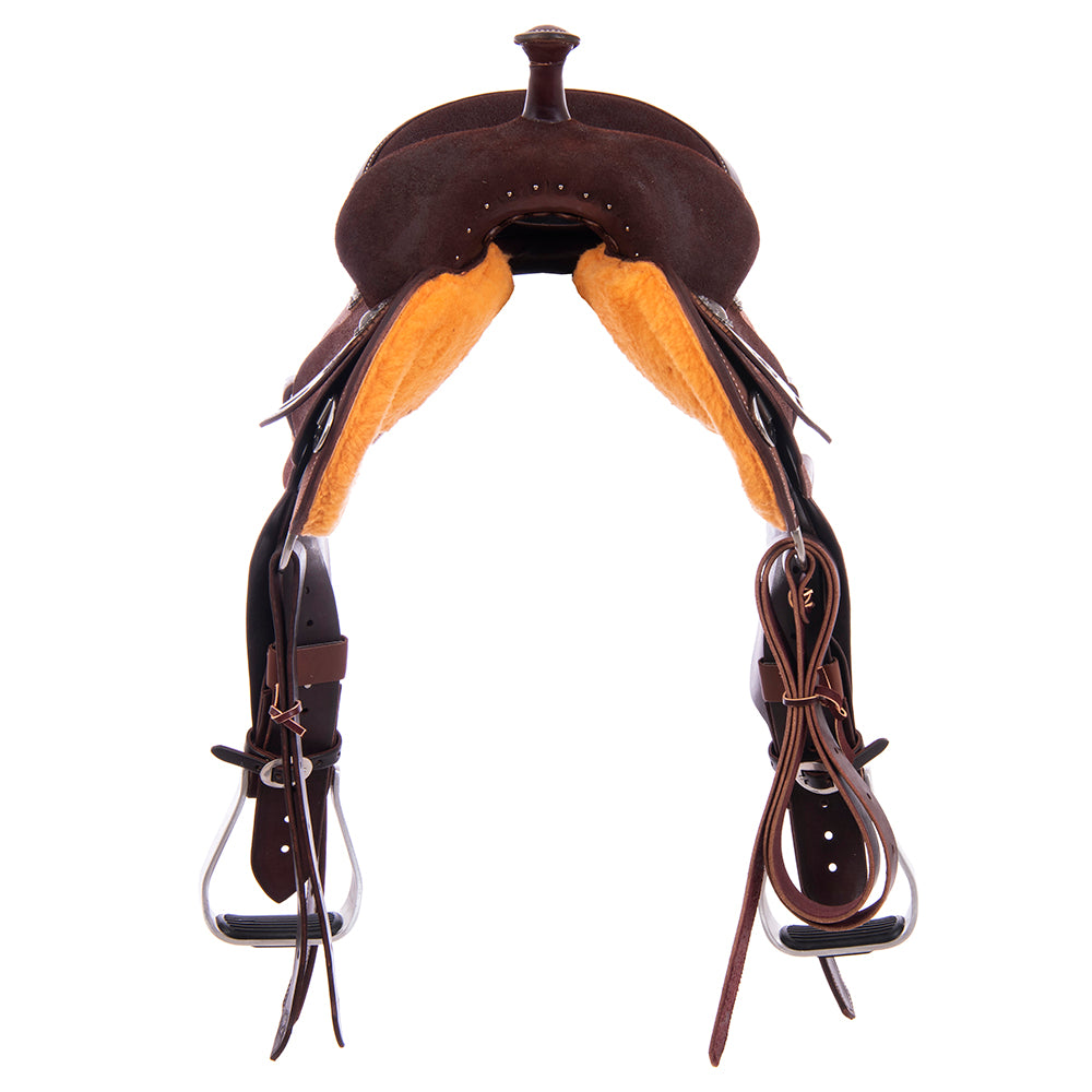 Burns Chocolate RO Barrel Saddle - Round - No Tooling - Black Flat Leather Inlay