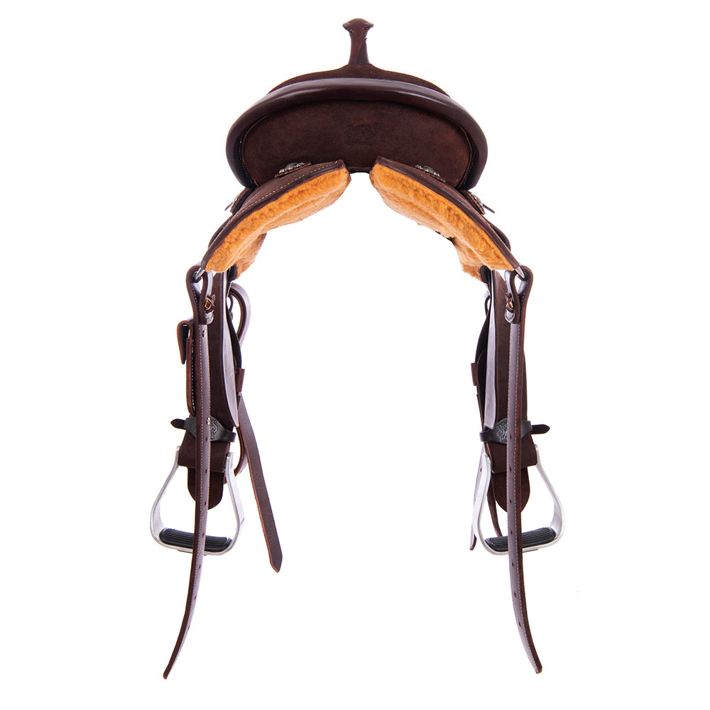 Burns Chocolate RO Barrel Saddle - Round - No Tooling - Black Flat Leather Inlay